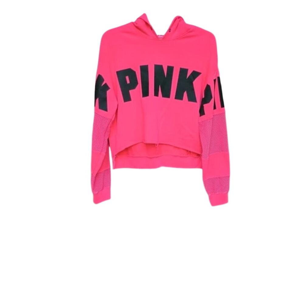 PINK Hooded Sweatshirt Cropped, Long Sleeves Mesh Panels XS XP